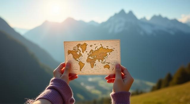 Traveler holding a map with mountainous background in Austria