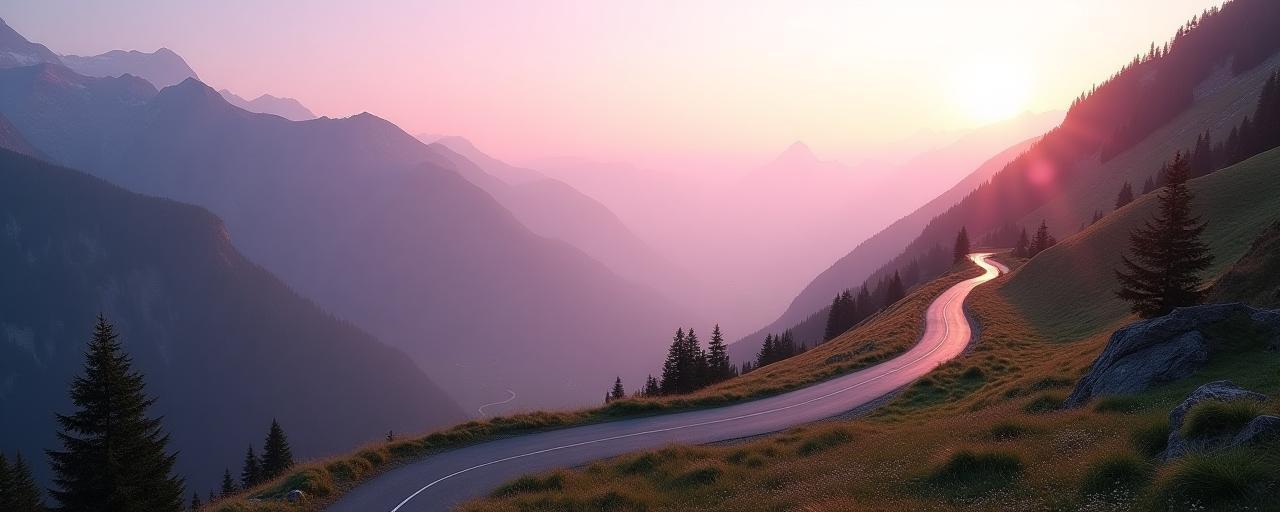 Scenic Austrian mountain road winding through alpine landscape at sunrise